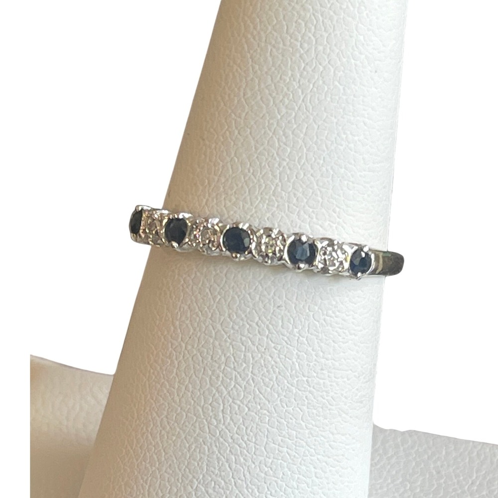 9K Gold Diamond Sapphire Band Ring Size 6– Vintage Style Blue Gemstone Jewelry - Picture 2 of 5
